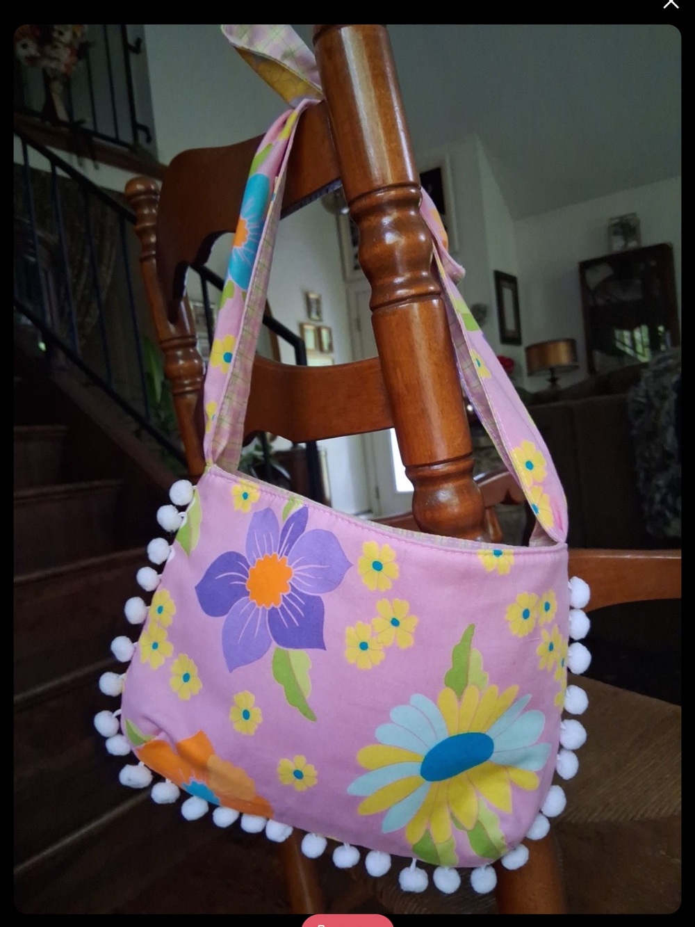 Girl’s Pink Flowers Shoulder-Tie Purse with Pom-Pom Trim